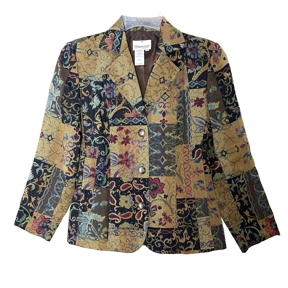 Coldwater Creek Patchwork Tapestry Blazer Jacket XS Petite PXS Art to Wear Artsy